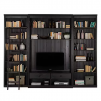 Estante grande para sala em madeira com rack para tv e escada na cor nibs / coleção biblioteca